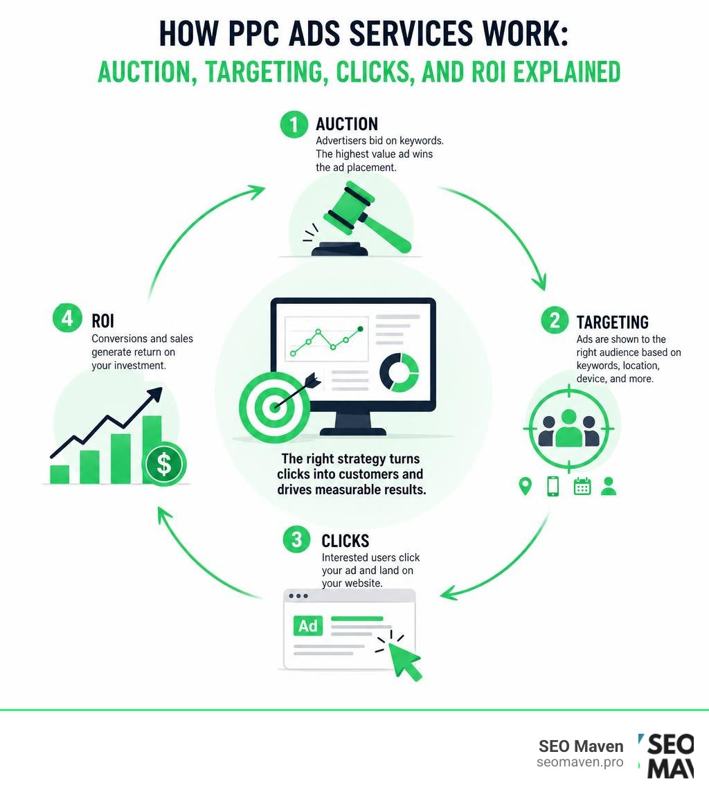 How PPC ads services work: auction, targeting, clicks, and ROI explained infographic How PPC ads services work: auction, targeting, clicks, and ROI explained infographic