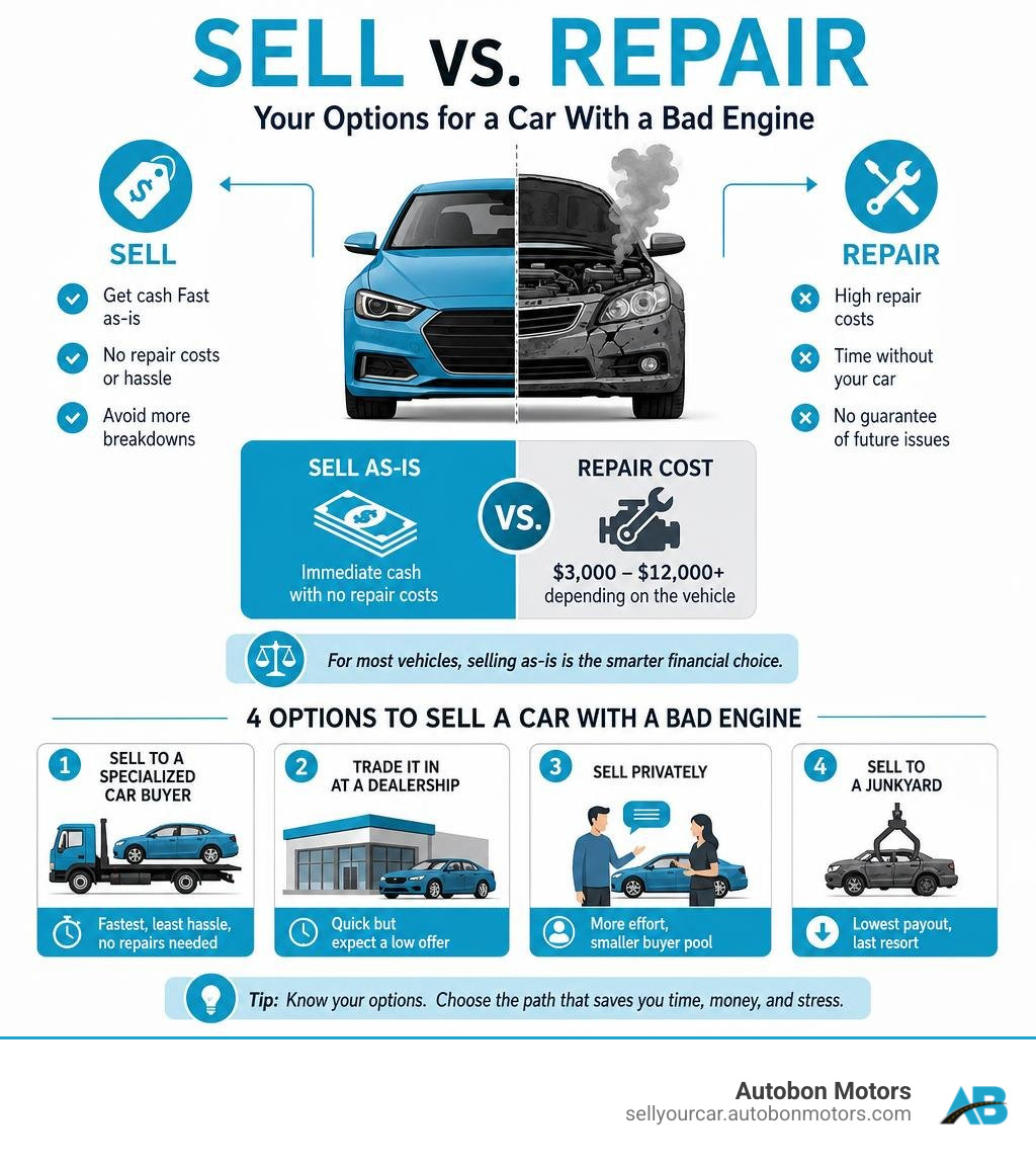 Sell vs. repair decision for a car with a bad engine — cost comparison and options overview infographic Sell vs. repair decision for a car with a bad engine — cost comparison and options overview infographic