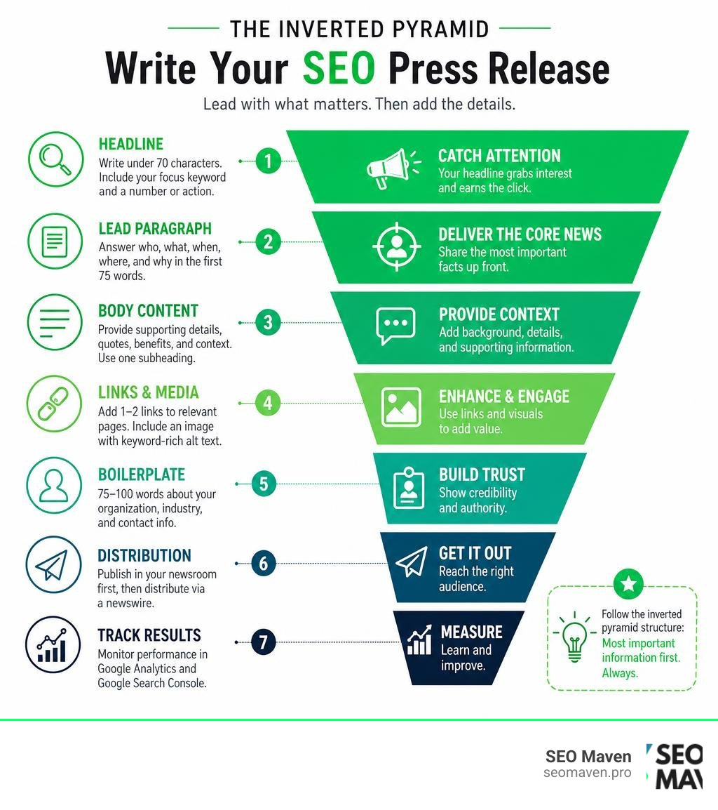 Infographic showing step-by-step inverted pyramid structure for writing an SEO press release infographic Infographic showing step-by-step inverted pyramid structure for writing an SEO press release infographic