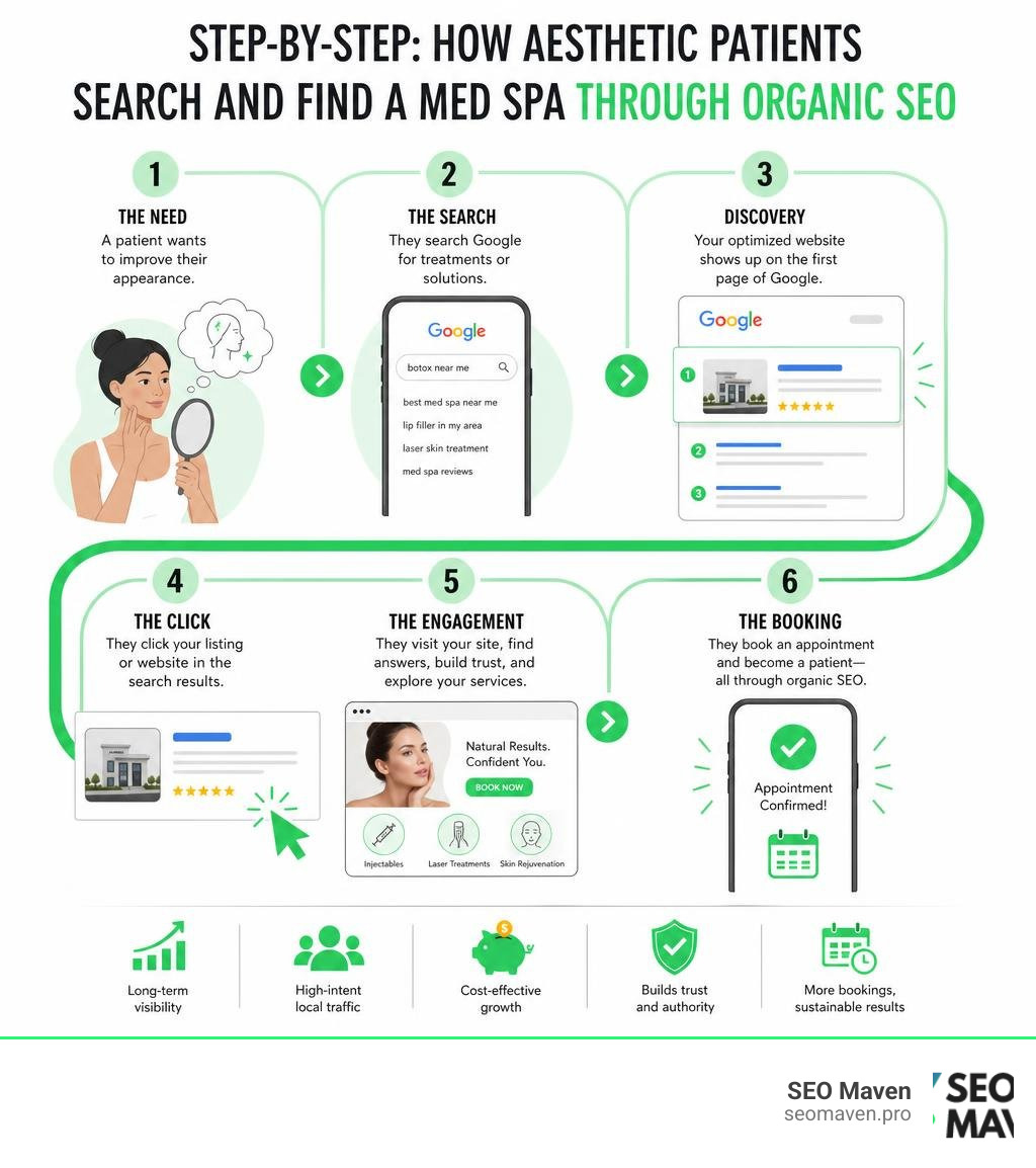 Step-by-step infographic: how aesthetic patients search and find a med spa through organic SEO infographic Step-by-step infographic: how aesthetic patients search and find a med spa through organic SEO infographic