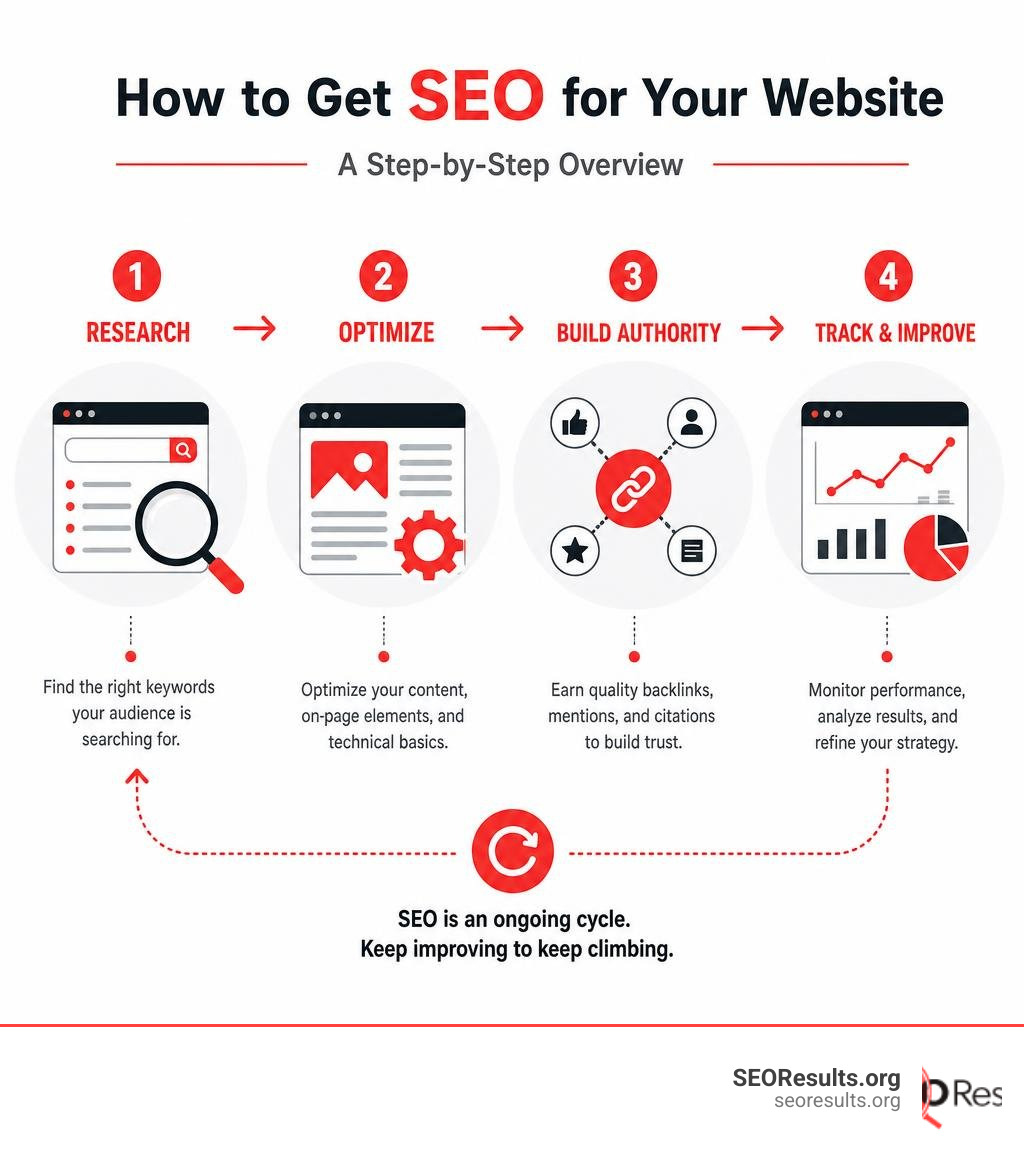 Step-by-step overview of how to get SEO for a website: research, optimize, build authority, track infographic Step-by-step overview of how to get SEO for a website: research, optimize, build authority, track infographic