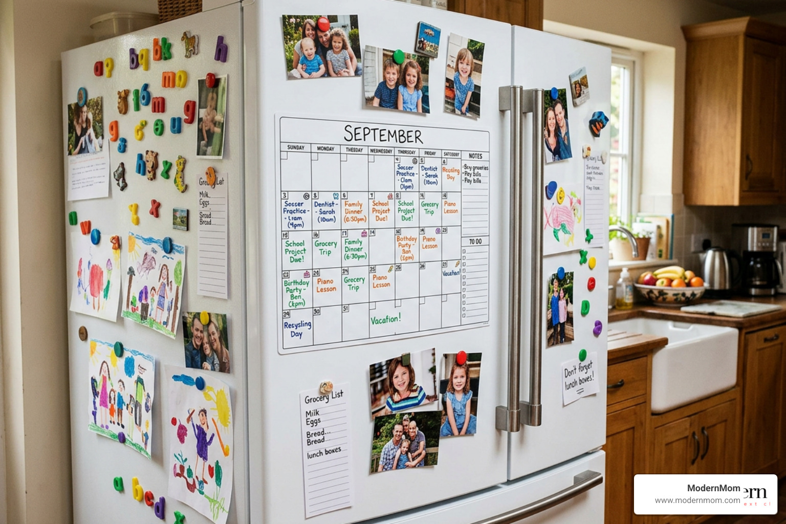 family calendar on a fridge