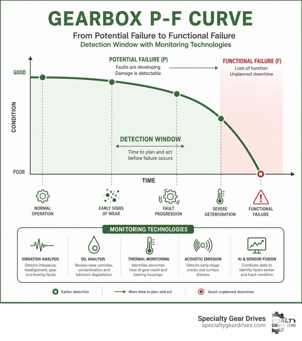 Gearbox P-F curve showing potential failure detection window to functional failure with monitoring technologies infographic Gearbox P-F curve showing potential failure detection window to functional failure with monitoring technologies infographic