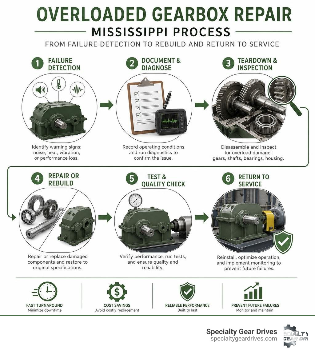 Infographic: overloaded gearbox repair Mississippi process from failure detection to rebuild and return to service Infographic: overloaded gearbox repair Mississippi process from failure detection to rebuild and return to service