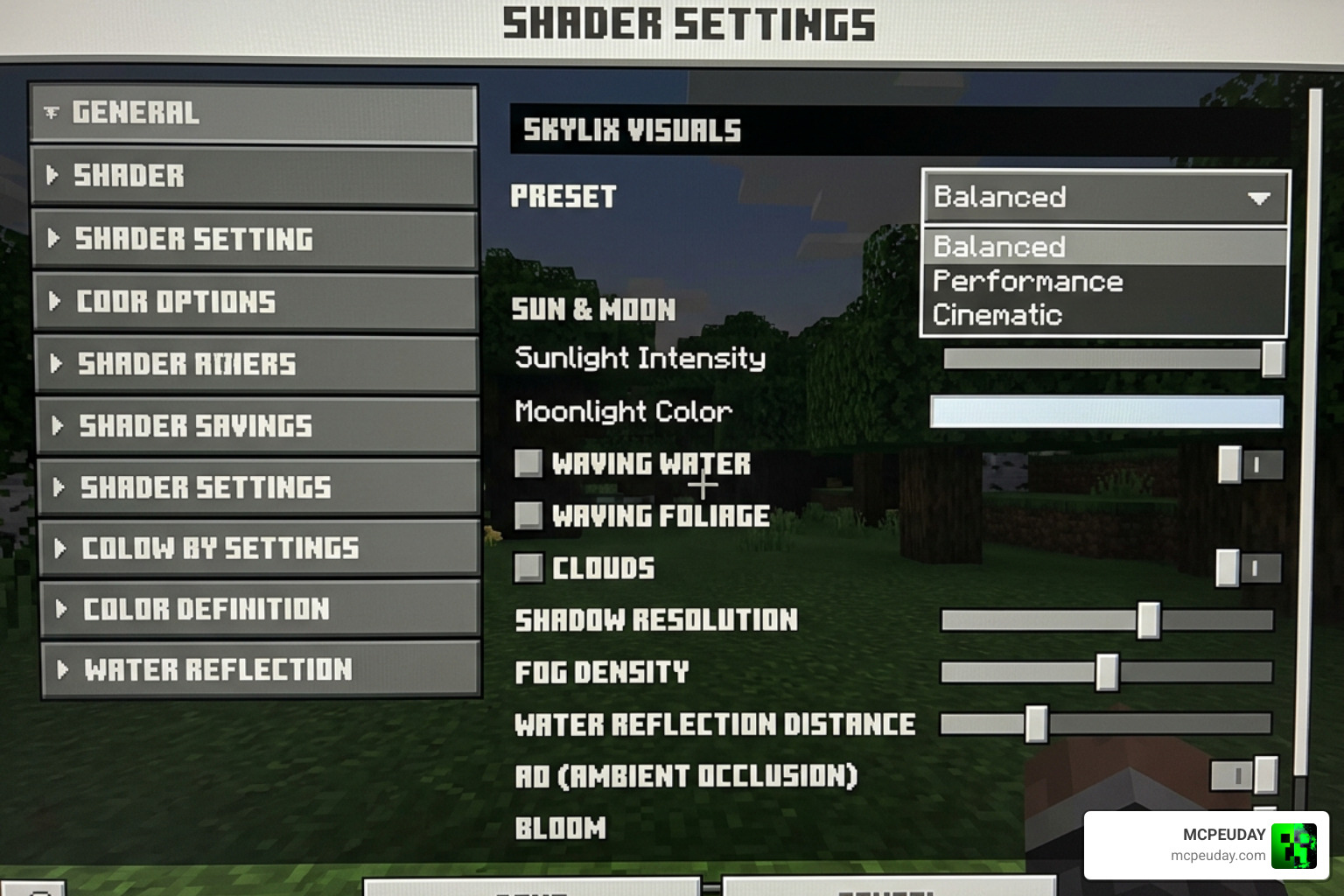 Skylix Visuals Shader configuration and settings menu