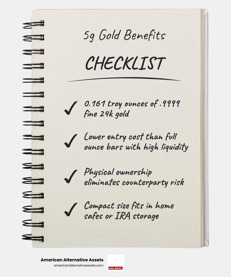 Benefits of 5g gold bullion bars infographic for investors infographic