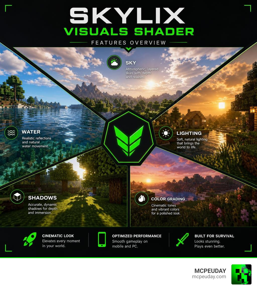 Skylix Visuals Shader features overview: sky, water, lighting, shadows, color grading infographic