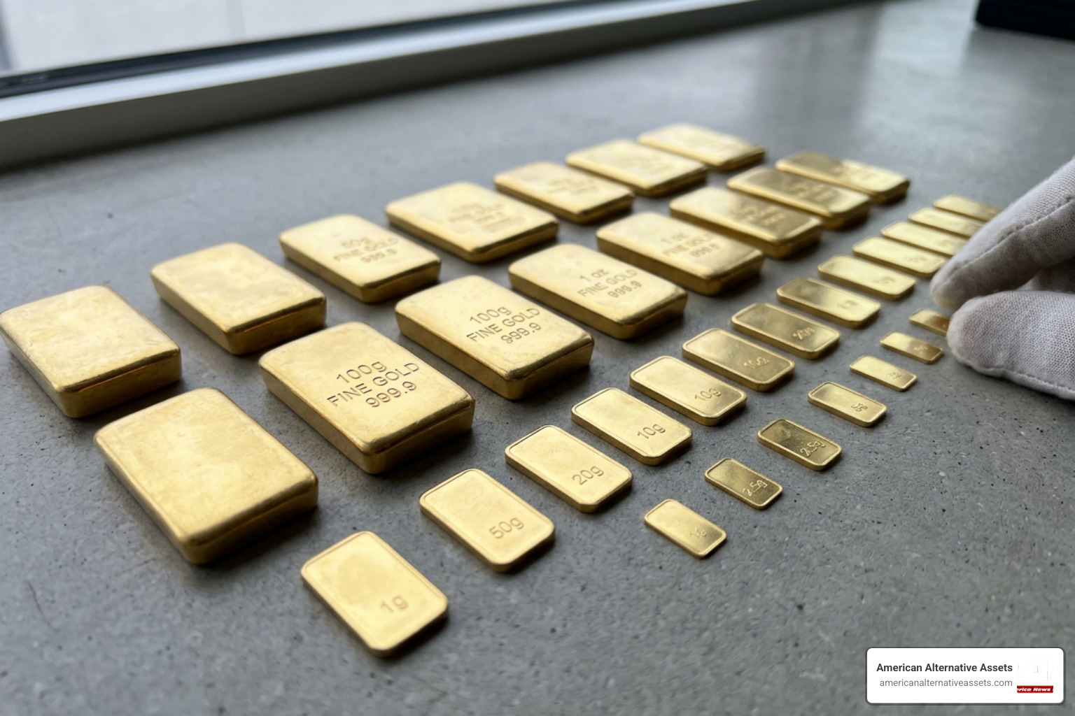 Size comparison of fractional gold bars from 1 gram to 100 grams