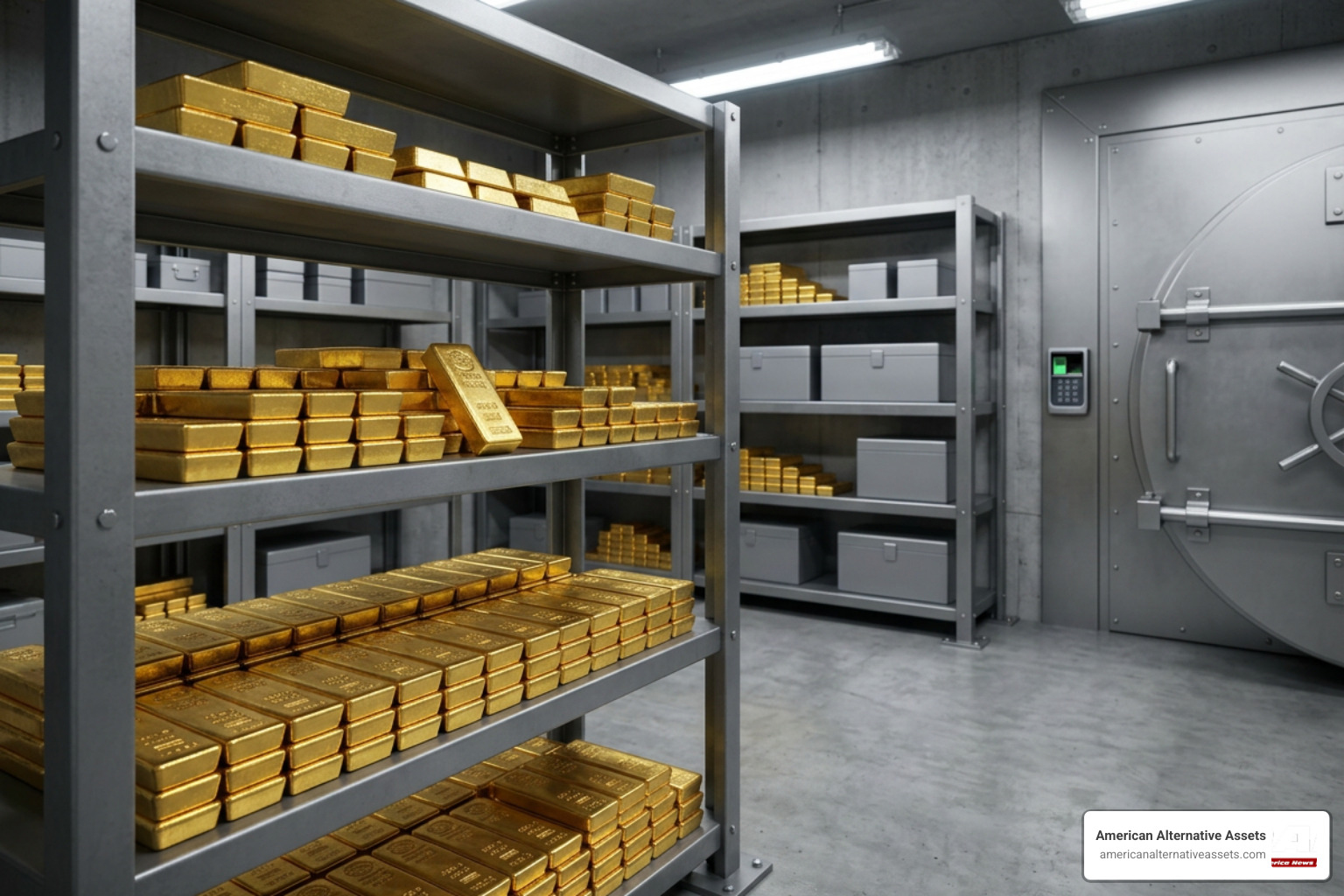 Physical gold bars stored securely in a professional depository vault