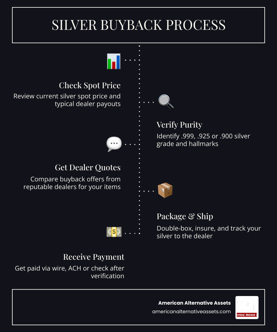 Silver buyback process infographic: spot price, purity grades, dealer payout ranges, and selling steps infographic Silver buyback process infographic: spot price, purity grades, dealer payout ranges, and selling steps infographic