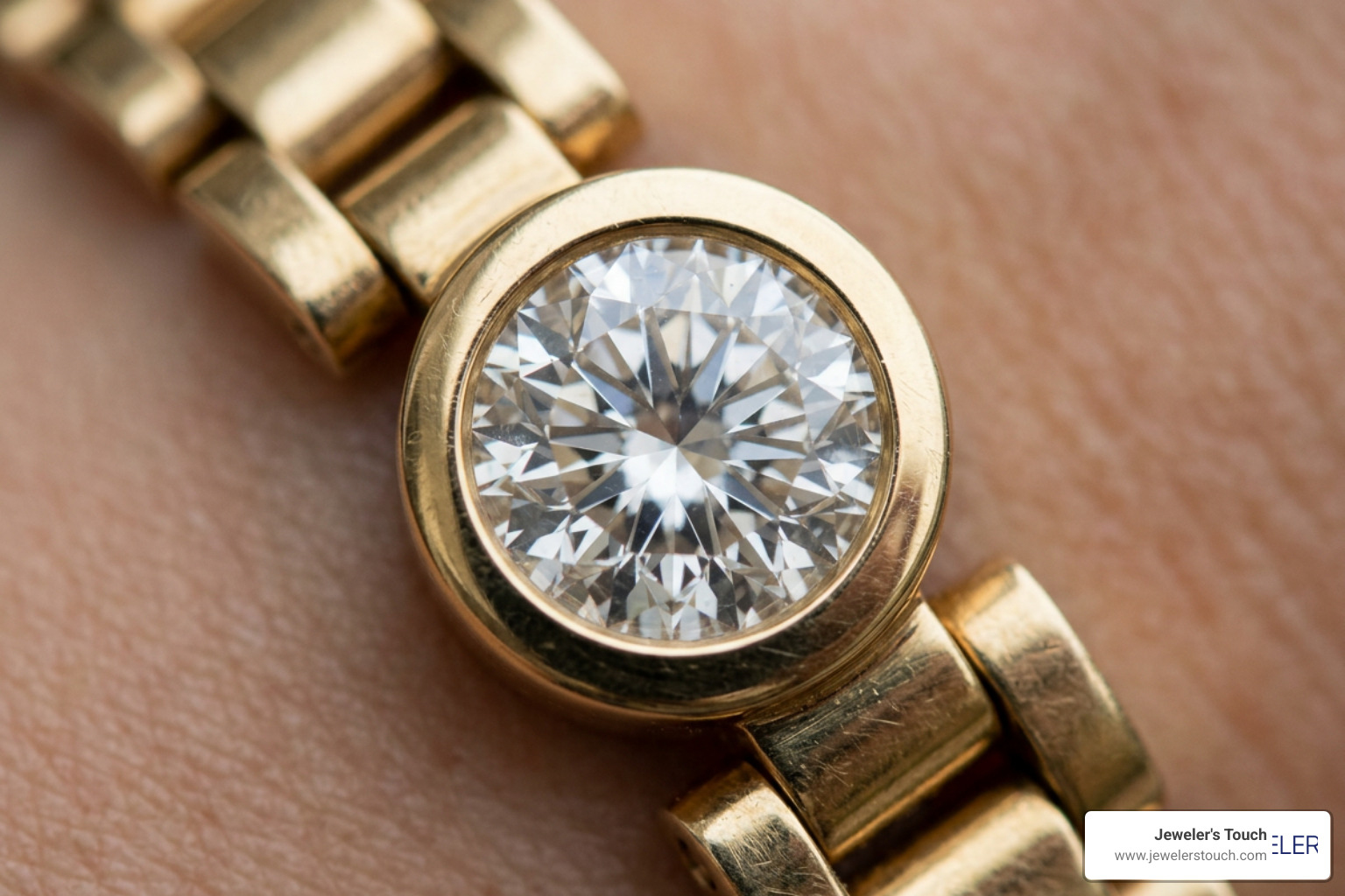 Close-up of a secure bezel setting on a gold bracelet Close-up of a secure bezel setting on a gold bracelet