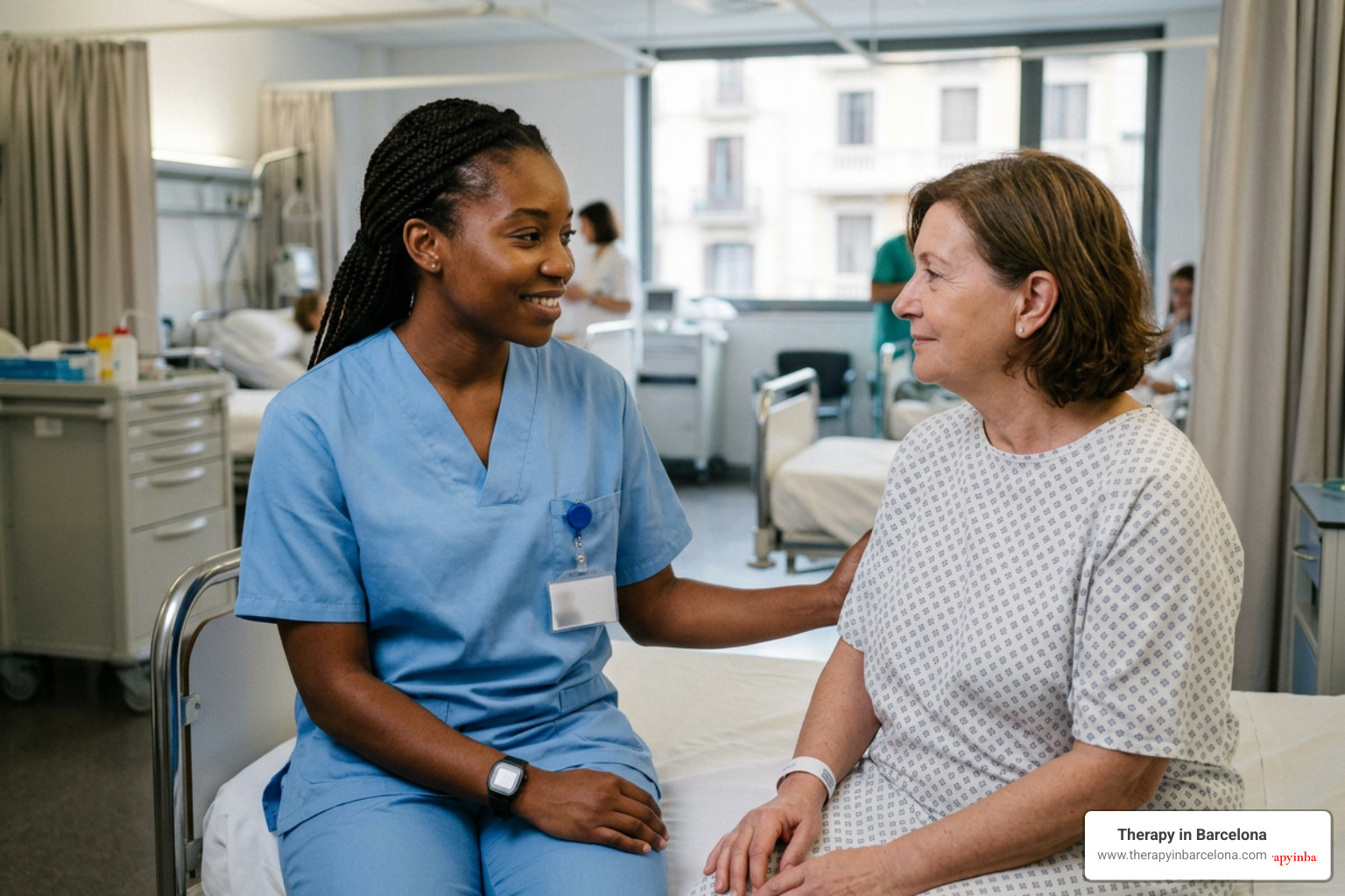English speaking nurse in Barcelona hospital, expat healthcare professional, warm and authentic English speaking nurse in Barcelona hospital, expat healthcare professional, warm and authentic