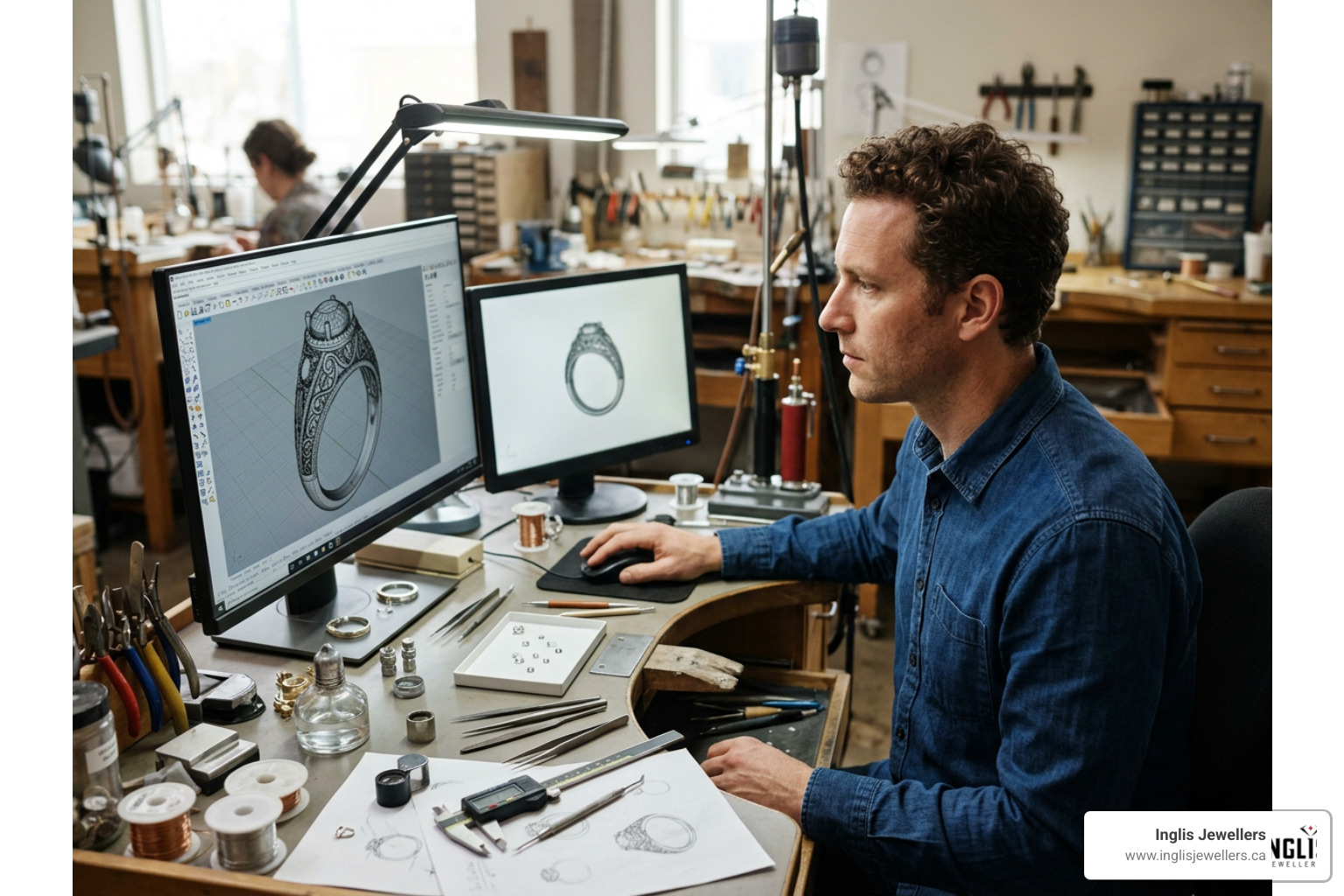 Jeweler working on a 3D CAD design model for a custom ring Jeweler working on a 3D CAD design model for a custom ring