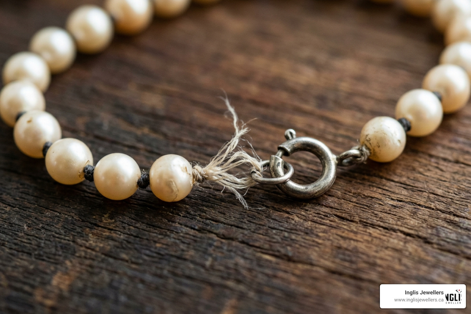 Frayed silk thread on a vintage pearl necklace showing wear near the clasp Frayed silk thread on a vintage pearl necklace showing wear near the clasp