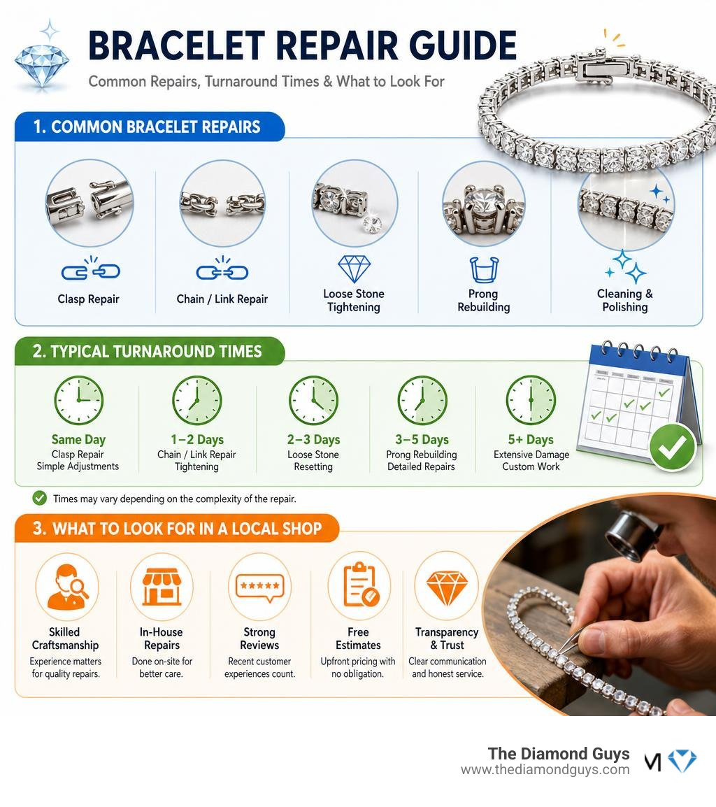 Infographic showing common bracelet repairs, typical turnaround times, and what to look for in a local shop infographic Infographic showing common bracelet repairs, typical turnaround times, and what to look for in a local shop infographic