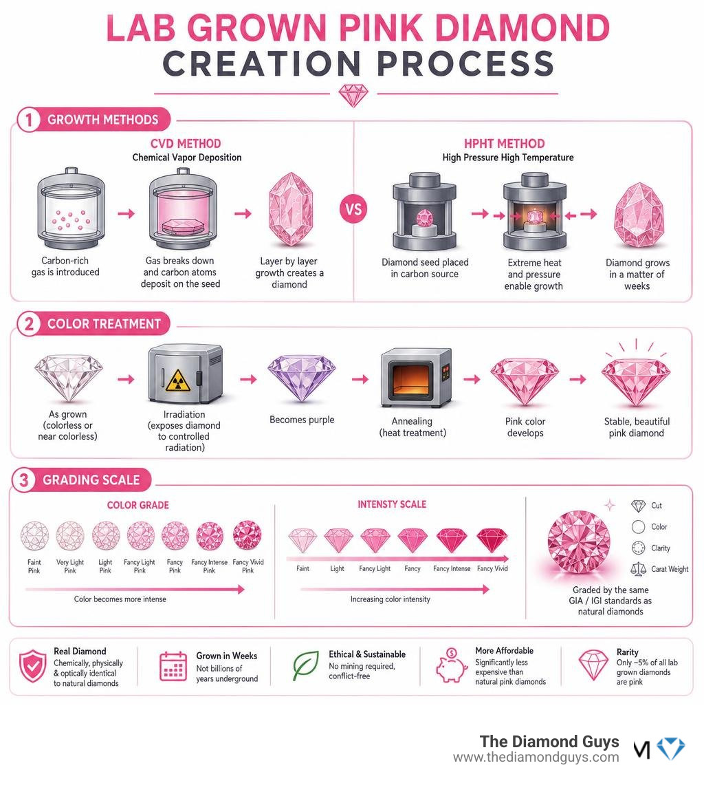 Lab grown pink diamond creation process infographic: CVD vs HPHT methods, color treatment, and grading scale infographic Lab grown pink diamond creation process infographic: CVD vs HPHT methods, color treatment, and grading scale infographic
