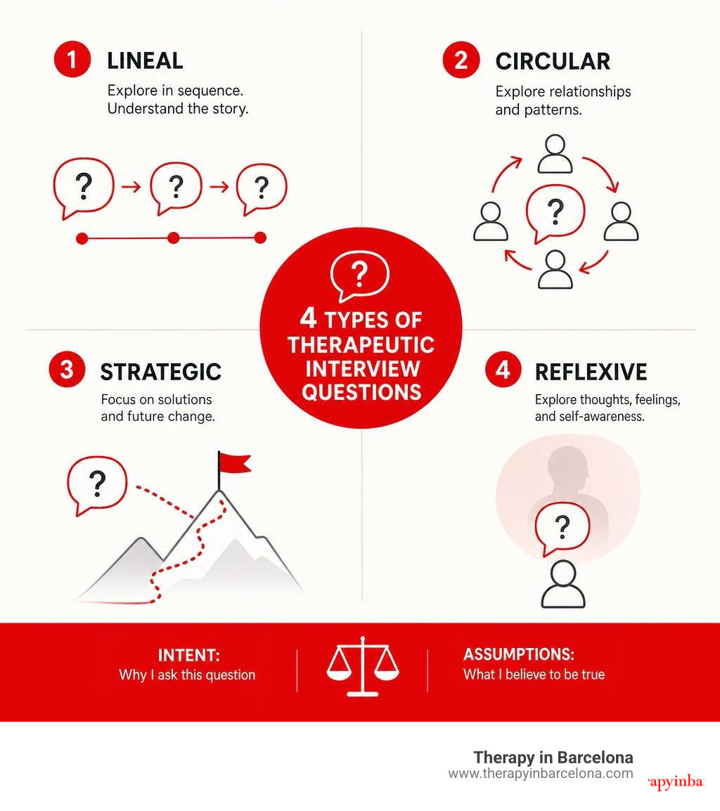 Four types of therapeutic interview questions: lineal, circular, strategic, reflexive with intent and assumptions infographic