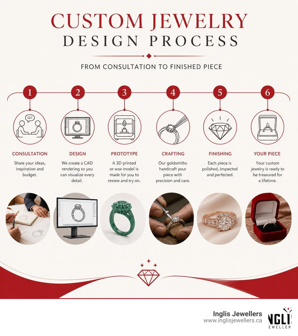 Custom jewelry design process timeline from consultation to finished piece infographic Custom jewelry design process timeline from consultation to finished piece infographic