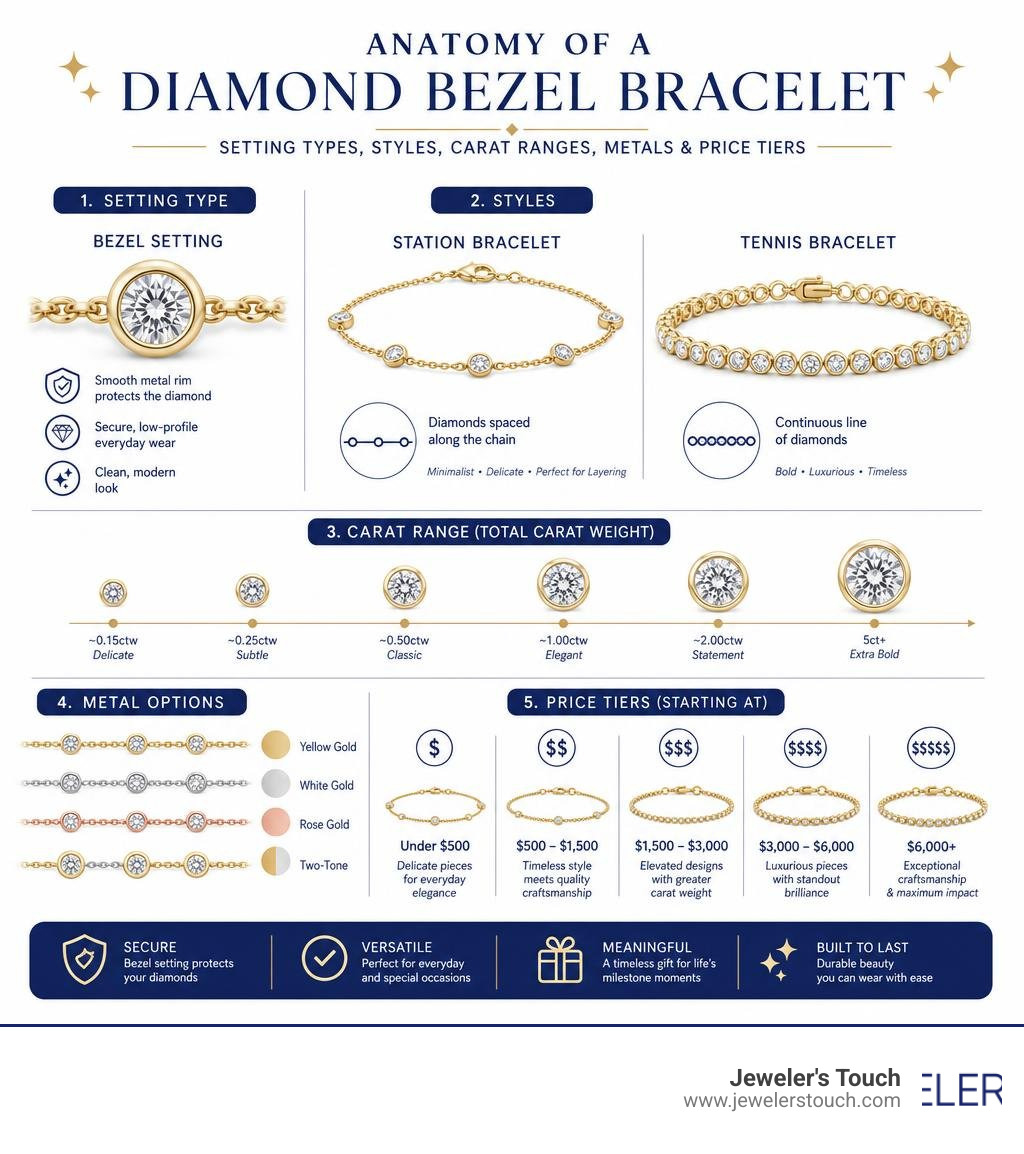 Anatomy of a diamond bezel bracelet: setting types, styles, carat ranges, metals, and price tiers infographic Anatomy of a diamond bezel bracelet: setting types, styles, carat ranges, metals, and price tiers infographic