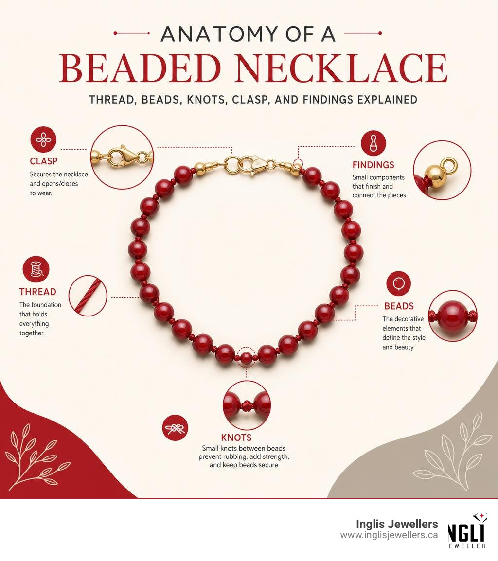 Anatomy of a beaded necklace: thread, beads, knots, clasp, and findings explained infographic Anatomy of a beaded necklace: thread, beads, knots, clasp, and findings explained infographic