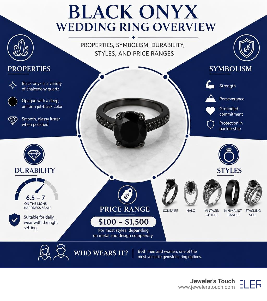 Black onyx wedding ring overview: properties, symbolism, durability, styles, and price ranges infographic Black onyx wedding ring overview: properties, symbolism, durability, styles, and price ranges infographic