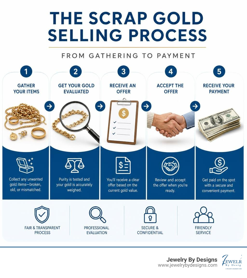 Scrap gold selling process from gathering items to receiving payment infographic Scrap gold selling process from gathering items to receiving payment infographic