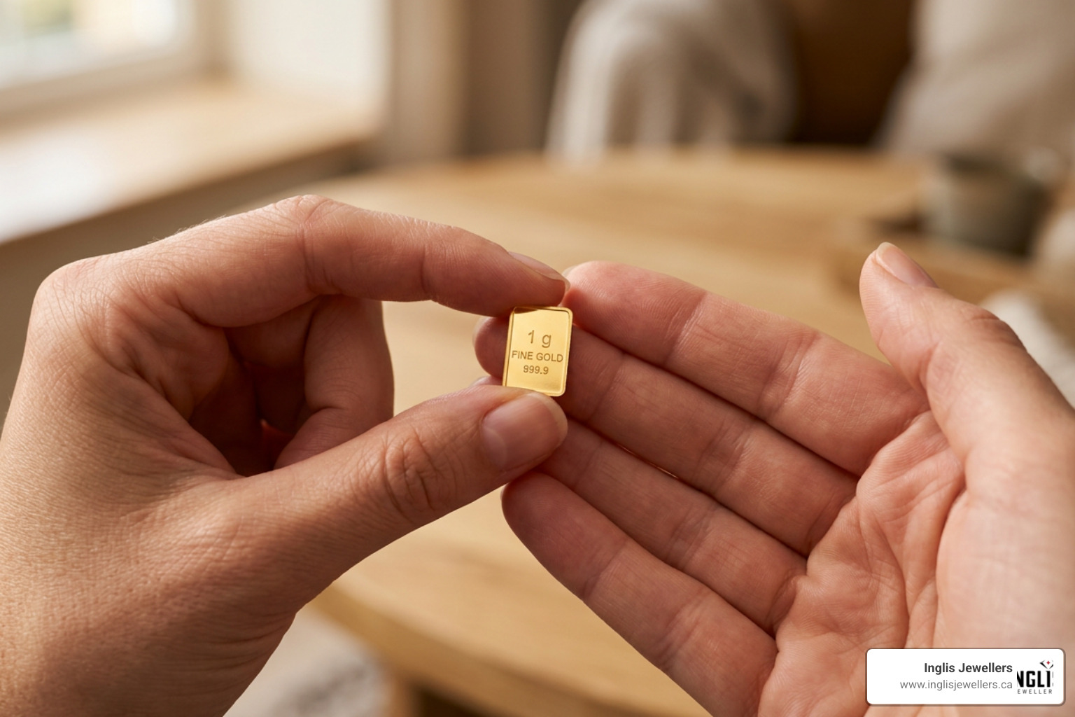 A person holding a tiny, beautifully minted 1 gram gold bar in their hand A person holding a tiny, beautifully minted 1 gram gold bar in their hand