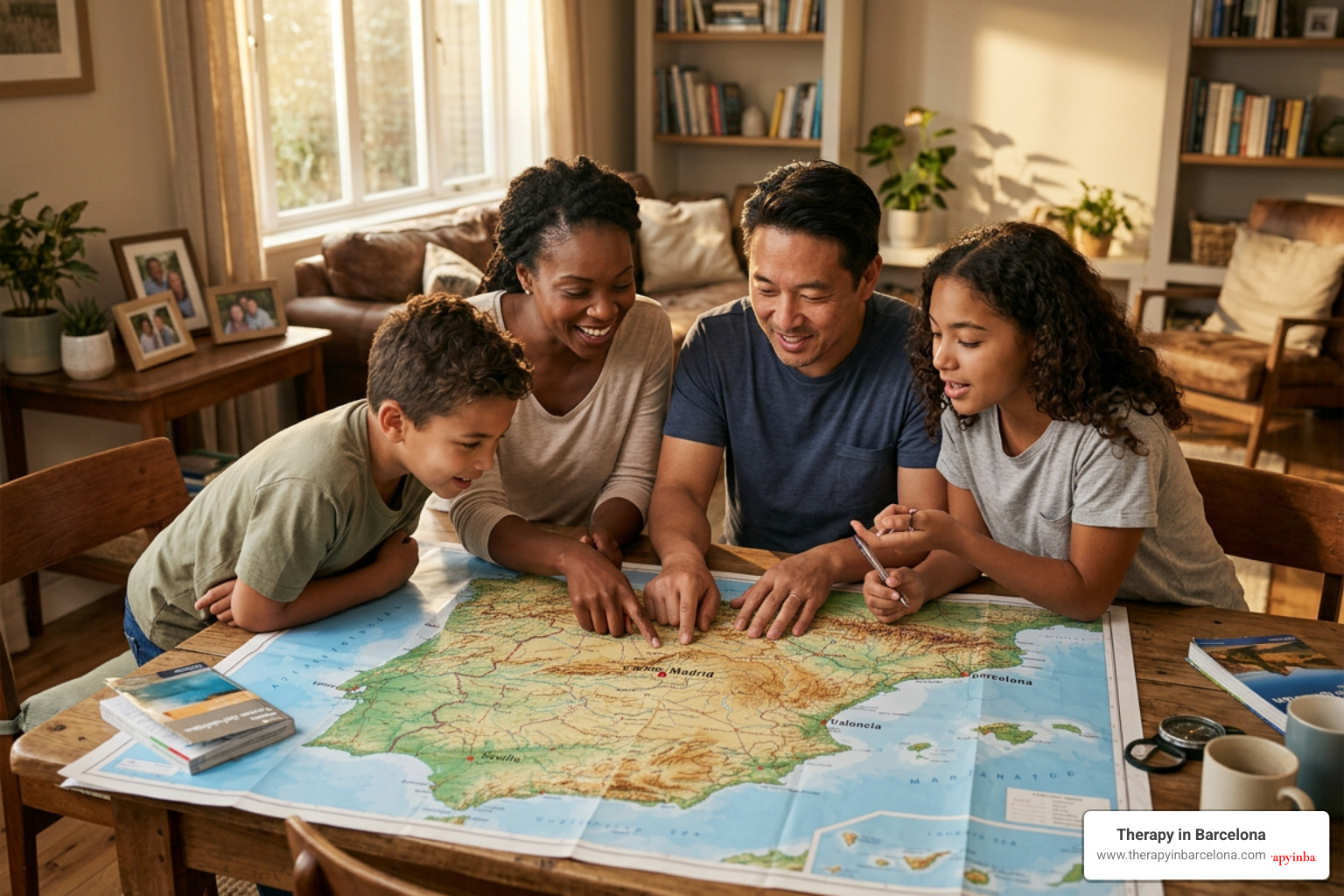 family looking at a map of Spain together, warm light, relocation excitement and nervous energy