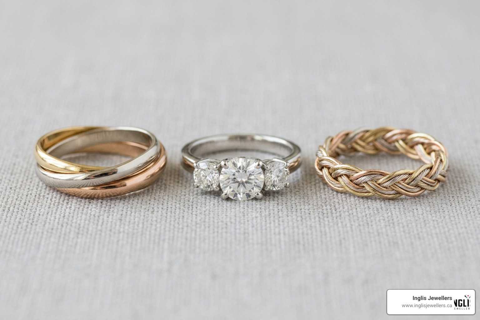 Comparison of popular trinity ring styles including rolling, three-stone, and braided designs
