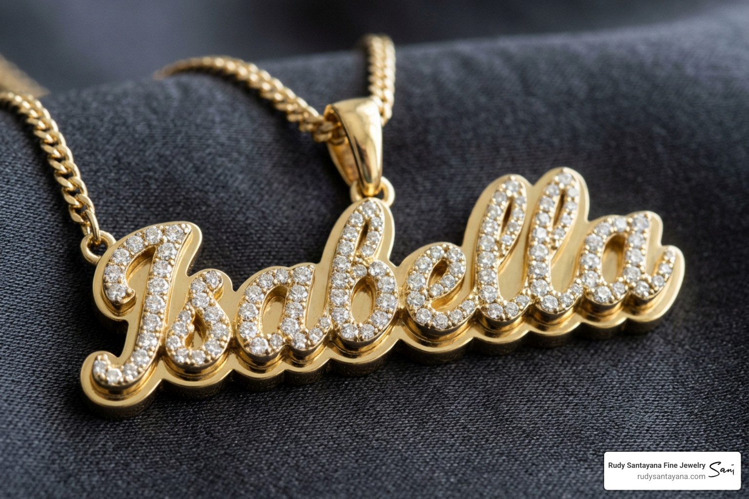Close-up of a custom double-layer diamond nameplate pendant in yellow gold Close-up of a custom double-layer diamond nameplate pendant in yellow gold