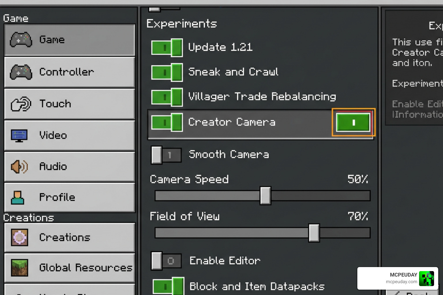 Minecraft Bedrock experimental settings menu showing experimental creator camera toggle