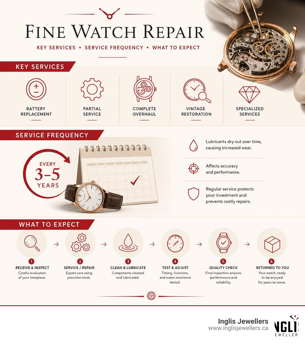Key services, service frequency, and what to expect from fine watch repair infographic