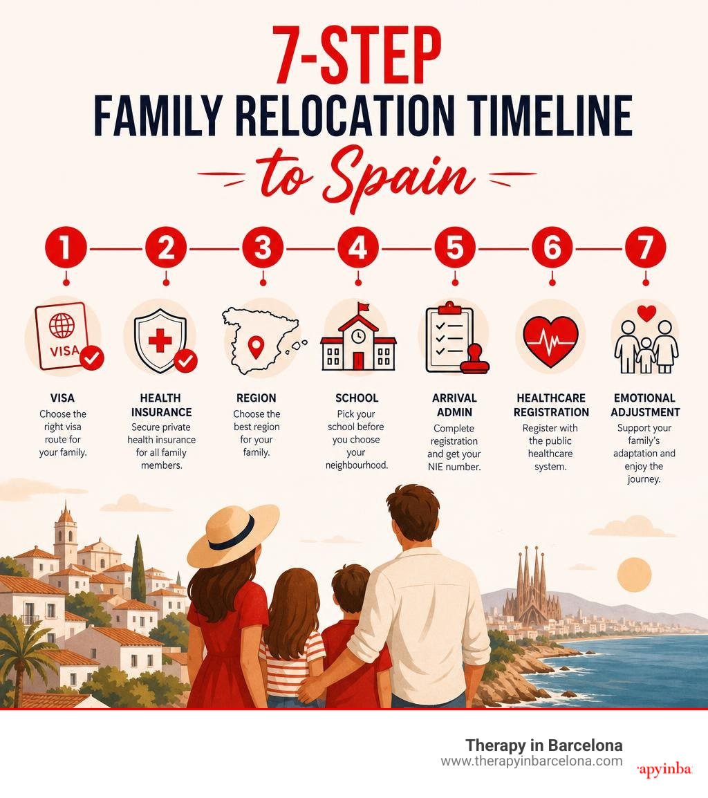 7-step family relocation timeline to Spain: visa, health insurance, region, school, arrival admin, healthcare registration