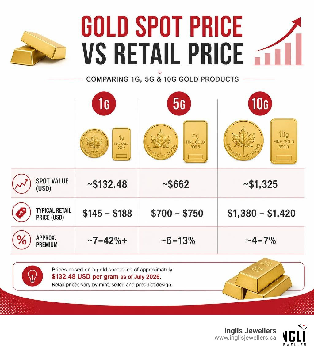 Infographic comparing gold spot price vs retail price for 1g, 5g, and 10g gold products infographic Infographic comparing gold spot price vs retail price for 1g, 5g, and 10g gold products infographic