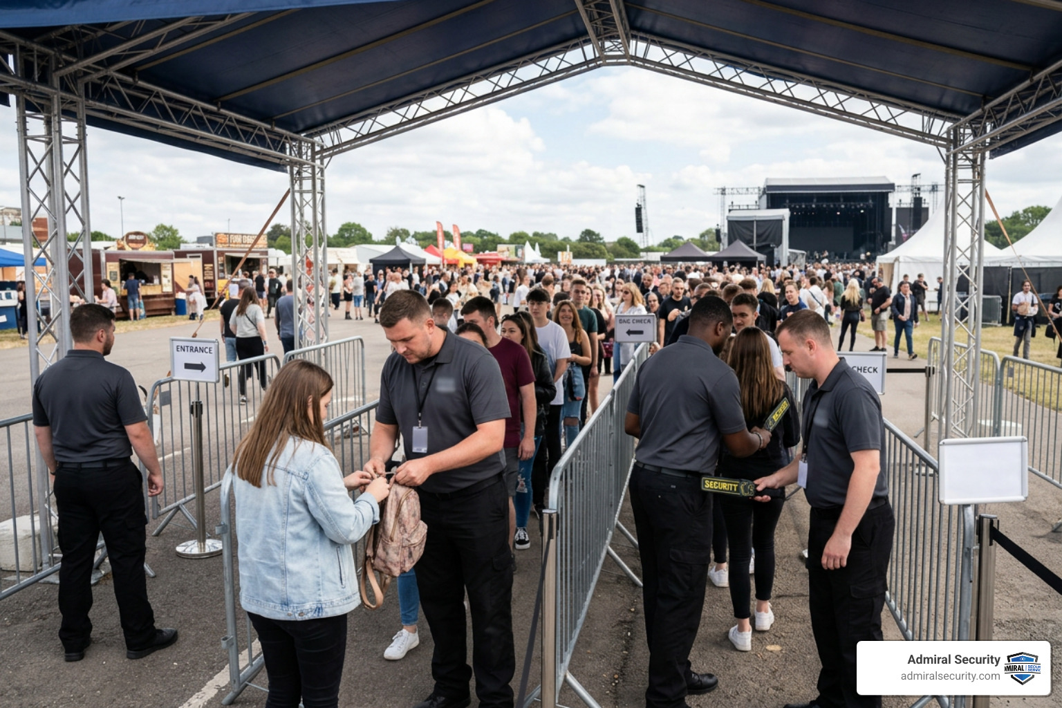 security checkpoint at a concert entrance, badges on uniforms blurred