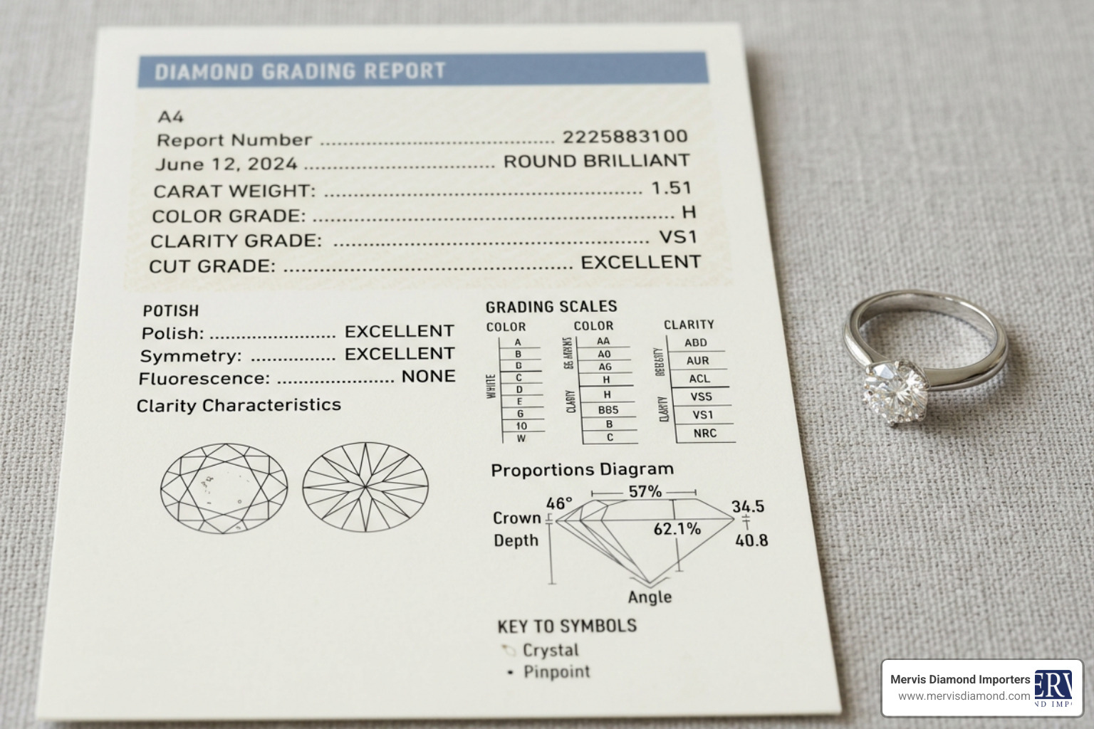 A GIA grading report resting alongside a sparkling diamond ring