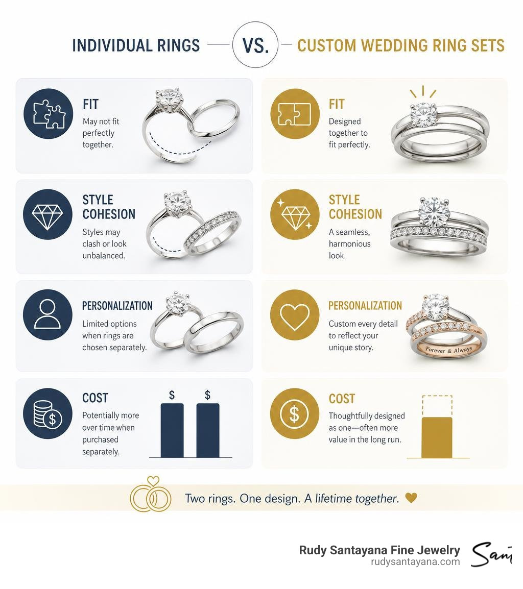 Infographic comparing individual rings vs. custom wedding ring sets: fit, style cohesion, personalization, and cost Infographic comparing individual rings vs. custom wedding ring sets: fit, style cohesion, personalization, and cost