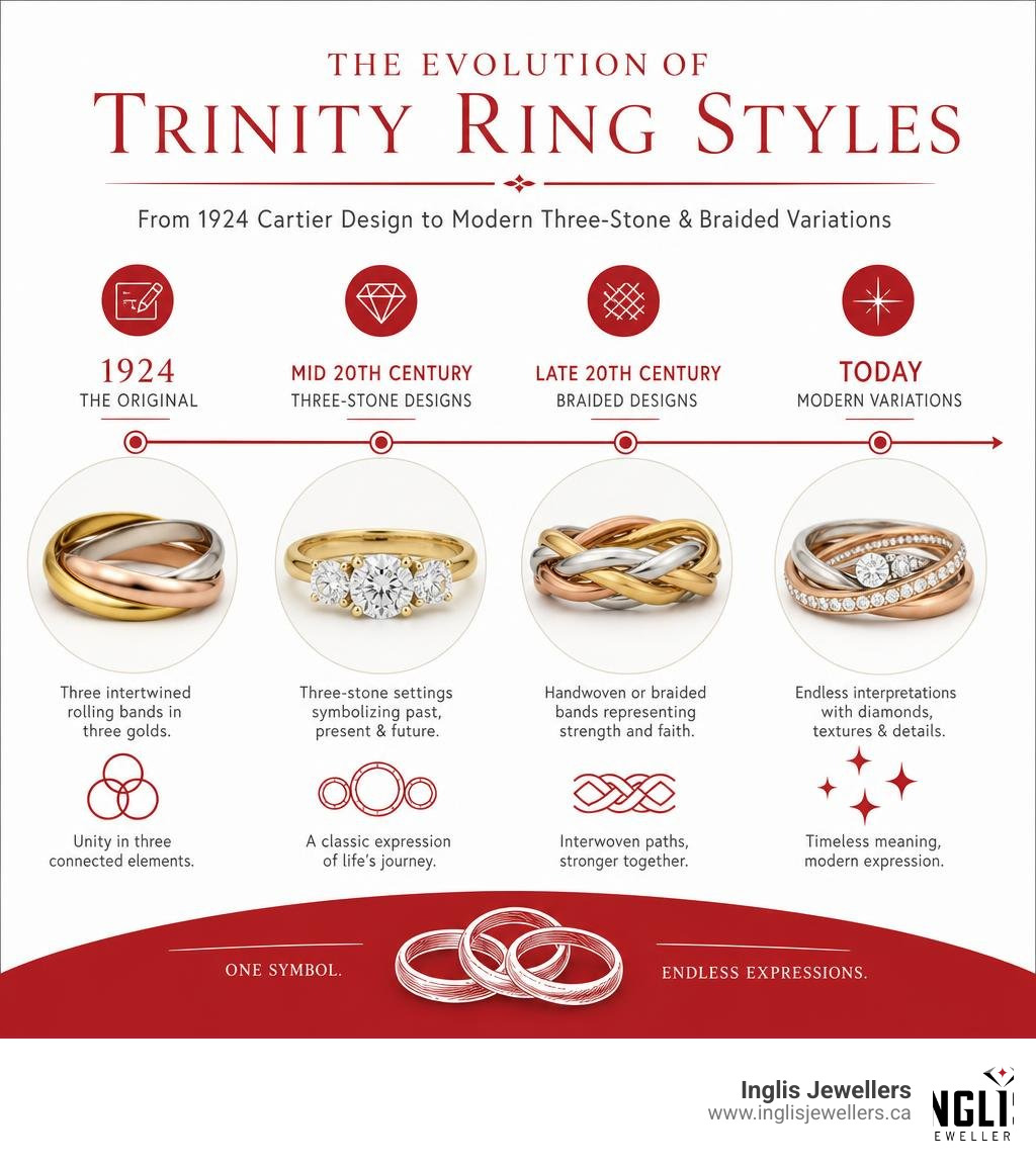 Evolution of trinity ring styles from 1924 Cartier design to modern three-stone and braided variations infographic