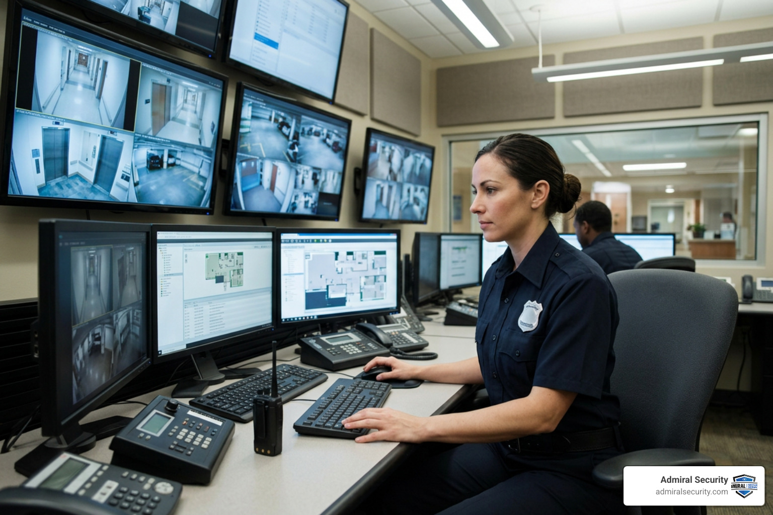 Security officer monitoring access control systems in a hospital command center with uniform badge blurred