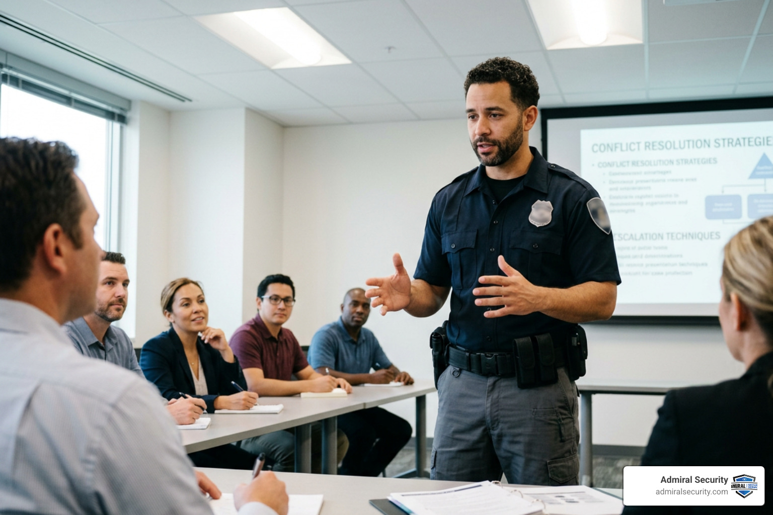 Security officer participating in a de-escalation training seminar with uniform badge blurred