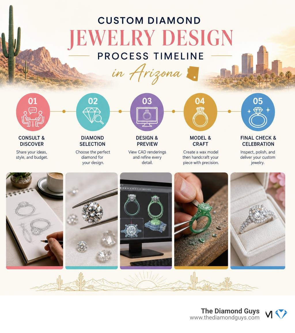 Custom diamond jewelry design process timeline in Arizona infographic