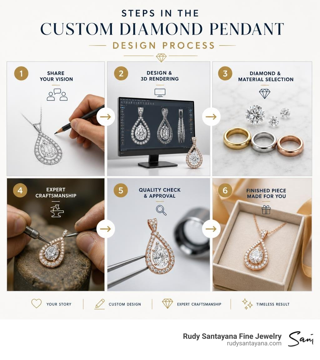 Steps in the custom diamond pendant design process from sketch to finished piece infographic Steps in the custom diamond pendant design process from sketch to finished piece infographic