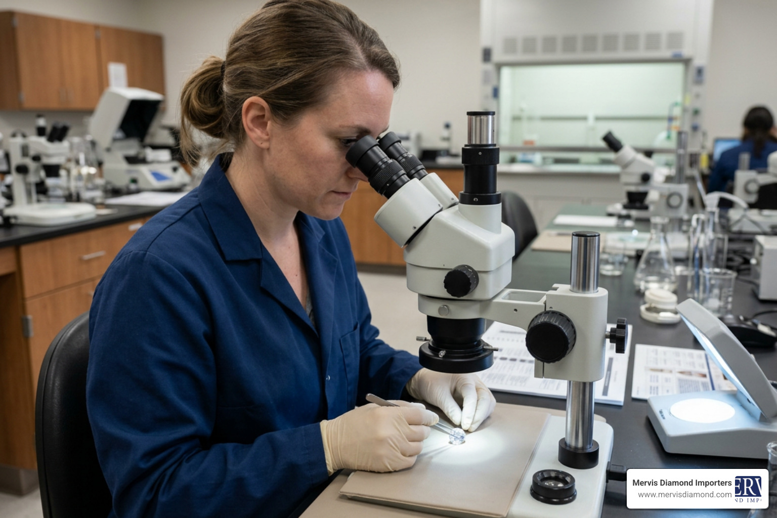 gemologist inspecting a diamond under 10x magnification