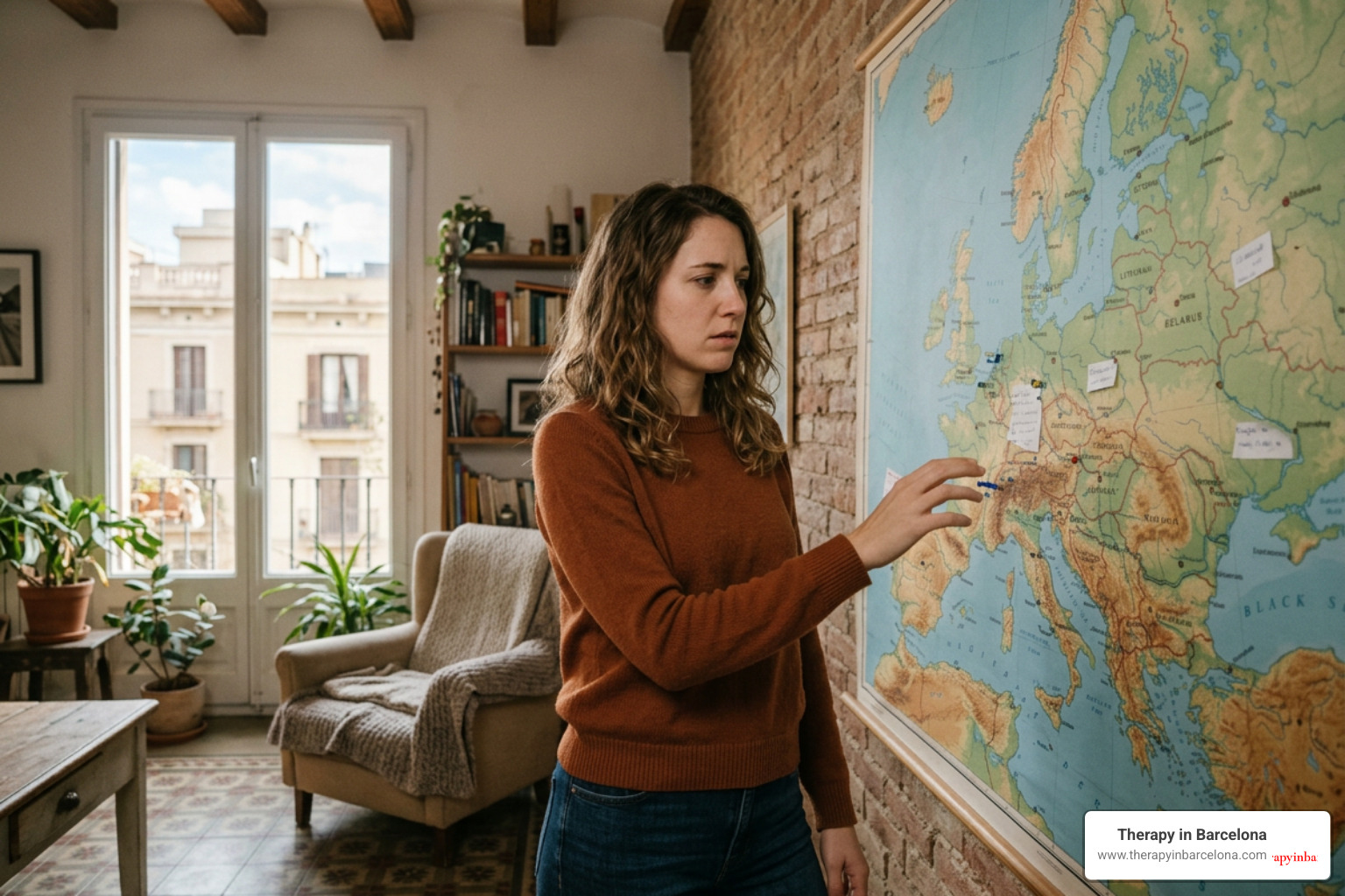 expat looking at map of Europe feeling uncertain about mental health support