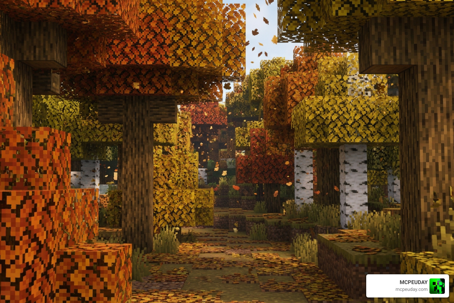 Better Falling Leaves Addon Minecraft forest with falling leaf particles