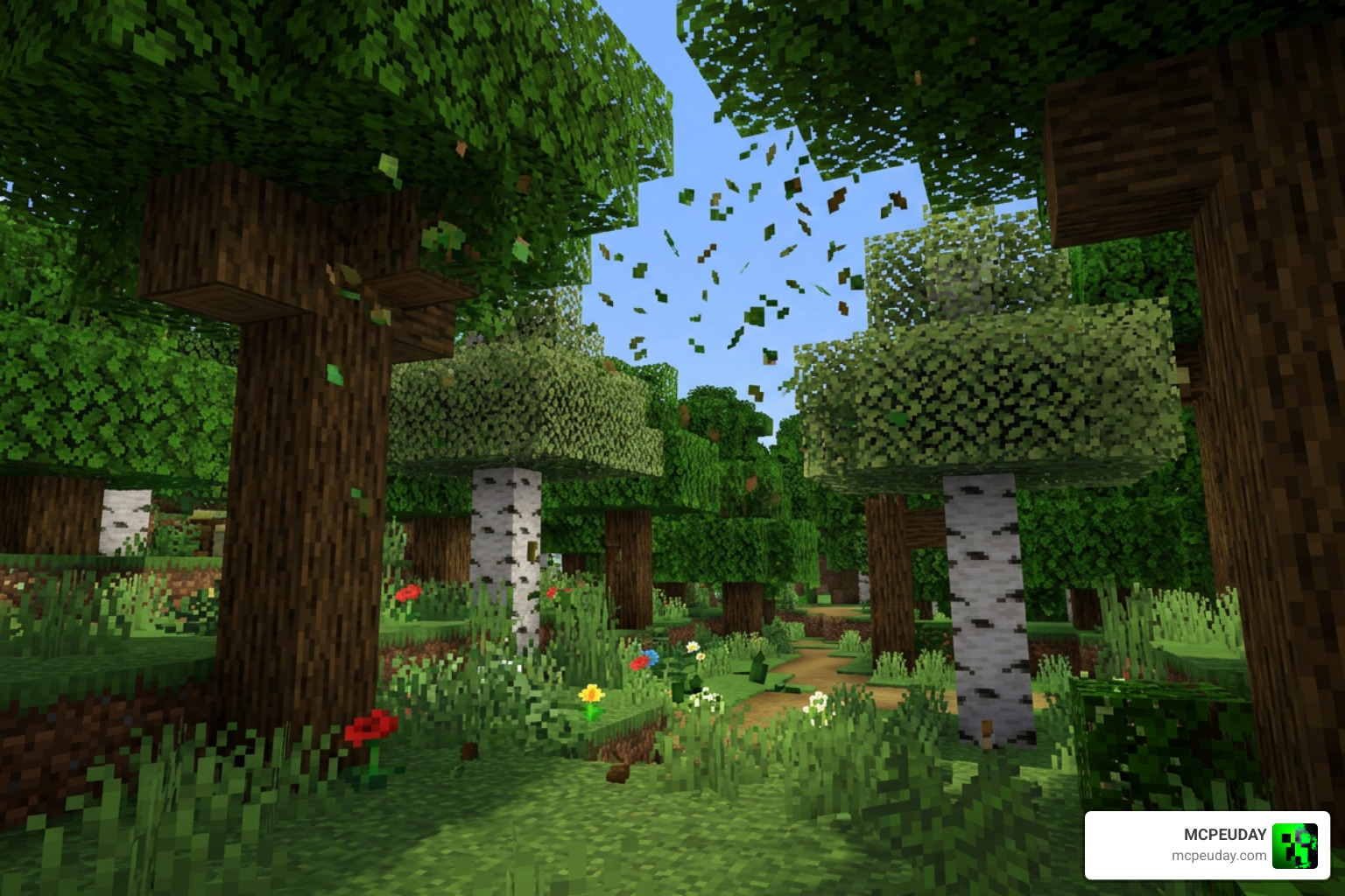 Custom leaf particles falling from trees in Minecraft Bedrock