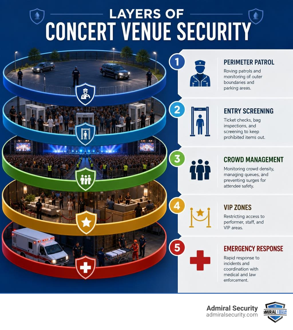 Layers of concert venue security infographic: perimeter patrol, entry screening, crowd management, VIP zones, emergency