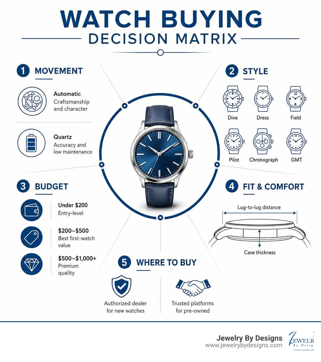 Watch buying decision matrix: movement, style, budget, fit, and where to buy infographic Watch buying decision matrix: movement, style, budget, fit, and where to buy infographic