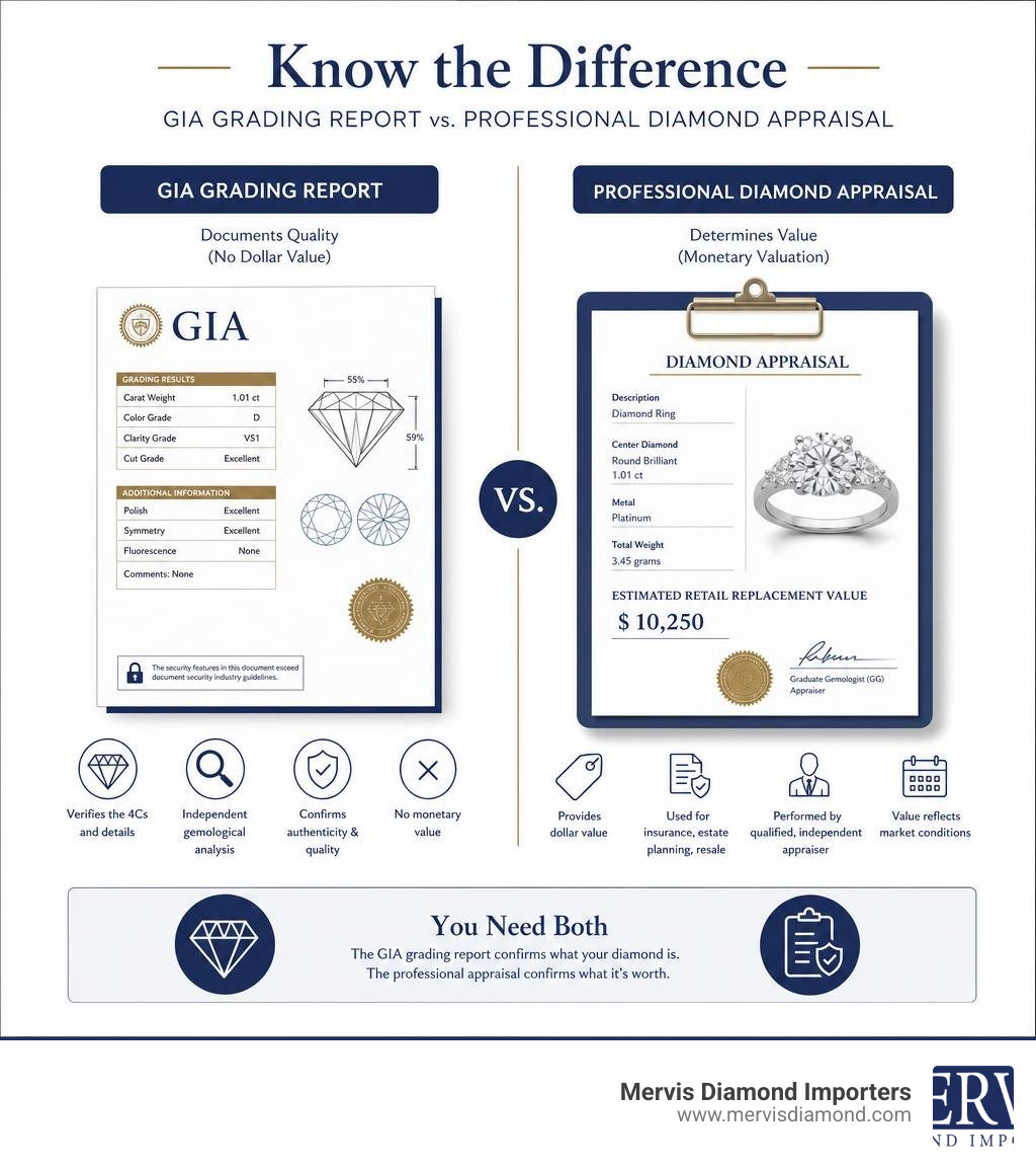 Diagram showing the difference between a GIA grading report and a professional diamond appraisal infographic