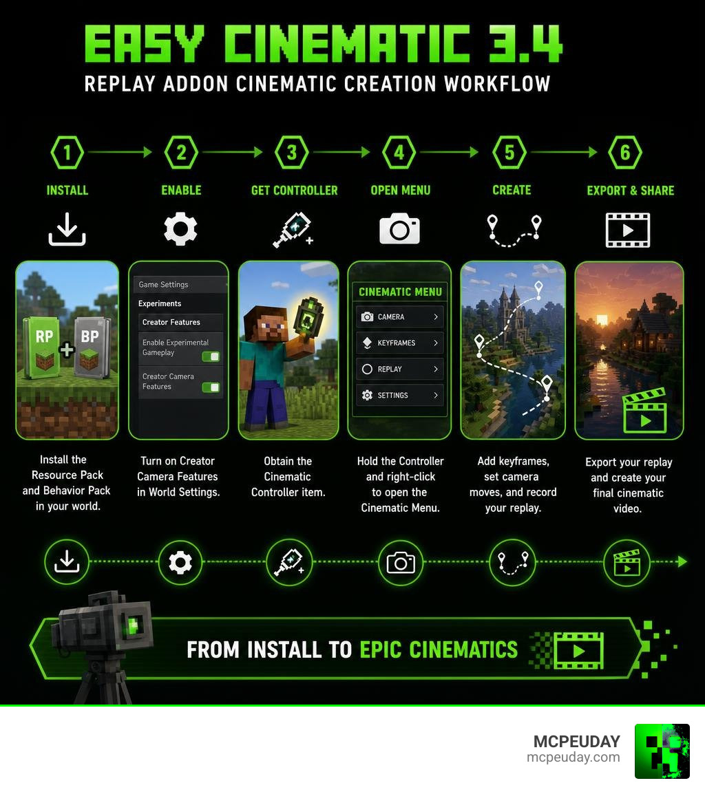 Easy Cinematic 3.4 Replay Addon cinematic creation workflow from install to final video output infographic